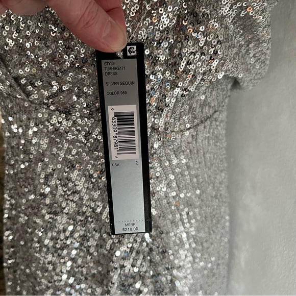 Tahari ALS Stretch Allover Silver Sequin Faux Wrap Midi Dress Size 2 - Picture 4 of 11